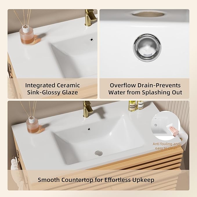VNN 32 Inch Bathroom Vanity with Ceramic Sink - Freestanding Modern Bathroom Storage Vanity Cabinet with Fluted Design, Soft-Close Doors, Shelves, Toilet Paper Holder & Towel Hooks, Natural Oak