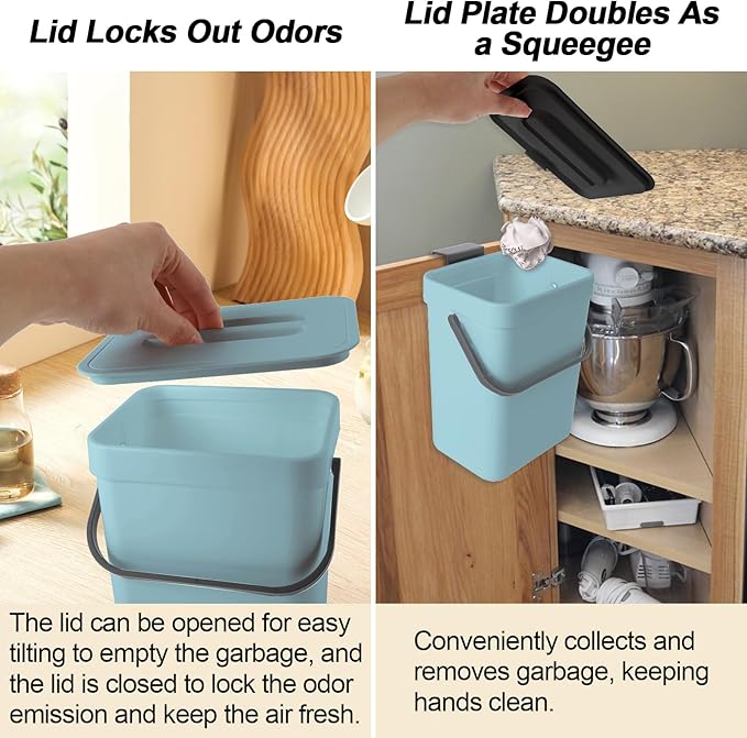 Compost Bin Kitchen, Includes 100 Trash Bags, Hanging Trash Can with Lid, Features Pet-Proof, Odor-Proof, and Quiet Opening/Closing. Suitable for Bathrooms/Bedrooms/Offices (Blue, 1.3 Gal/5 L)