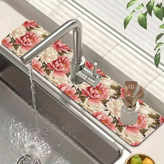Beautiful Peony Sink Faucet Absorbing Mat Bright Peonies Super Absorbent Fast Drying Mat Sink Gadgets Behind Faucet Sinkmat for Kitchen Bathroom, 23.5"x5.5"