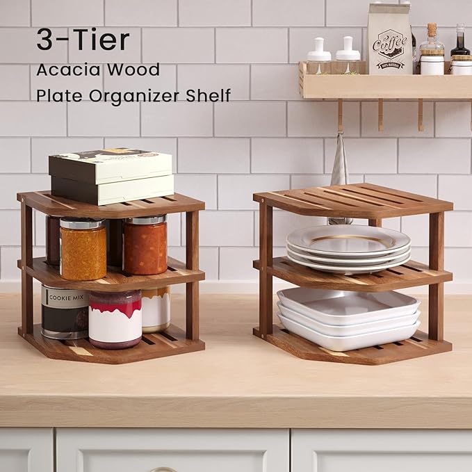 3 Tier Acacia Wood Corner Shelf(2 Pack),Dish Drying Rack,Plate Organizer,Kitchen Spice Rack for Countertop and Cabinet,Pantry Organization and Storage