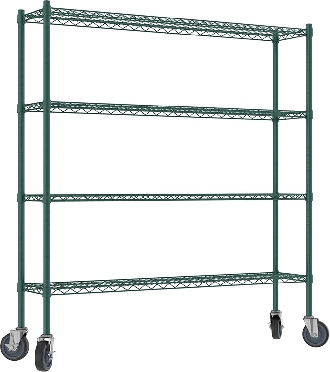 Commercial NSF Listed Green Epoxy Mobile Wire Shelving Kit 12" x 54" x 60", with 4 Shelves Perfect for Warehouse, Walk-in Refrigerator, Freezer, Grocery Store, Restaurant, Dishroom