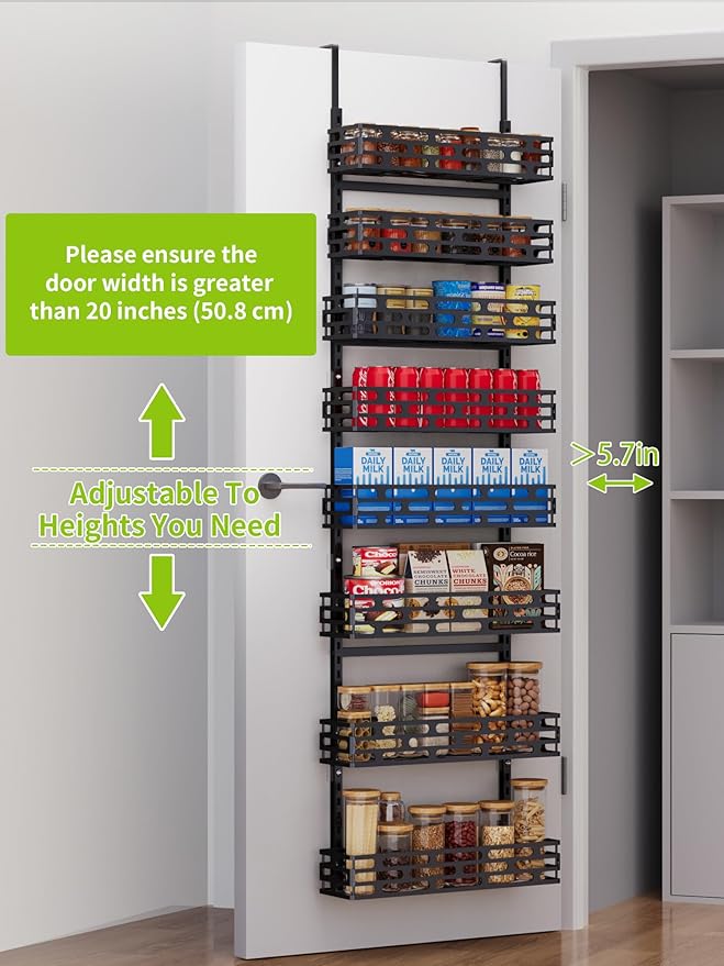 8-Tier Over The Door Pantry Organizer, Metal Pantry Organizers and Storage with Adjustable Basket, Spice Rack Seasoning Shelves for Home & Kitchen, Laundry Room Bathroom, Black