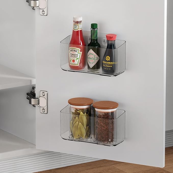 4 Pack Cabinet Door Organizers Plastic Wrap Holders for Kitchen Organizers, No drilling Wall Door Mount Kitchen Wrap Rack for Foil Wrap, Cling Wrap, and Food Bags, Clear