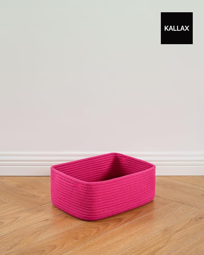 Small Woven Basket, 13.5 x 9.5 x 5 Inches, Storage Basket for Organizing, Cute Small Rope Shelf Closet Cube Storage Bins Baskets for Shelves, Dog Toy Gift Baskets Empty, 3 Packs, Hot Pink