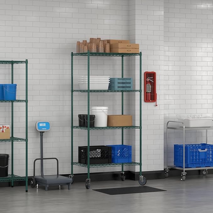 Commercial NSF Listed Green Epoxy Mobile Wire Shelving Kit 24" x 36" x 80", with 4 Shelves Perfect for Warehouse, Walk-in Refrigerator, Freezer, Grocery Store, Restaurant, Dishroom