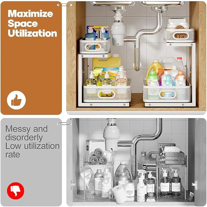 1 Pack 15.7IN-Depth Under Sink Organizer With Smooth Cylindrical Rail,2-Tier Pull Out Multi-Purpose Cabinet Storage for Bathroom&Kitchen,Height Adjustable,Rust-resistant Coating-White