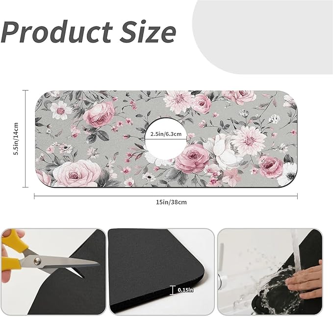 Kitchen Sink Splash Guard，Gray and pink floral Faucet Mat Sink Gadgets-Super Absorbent Fast Drying Mat Drip Catcher for Kitchen, Bathroom,Sink Mat, Dish Drying Mat, Bathroom(15" X 5.5" )