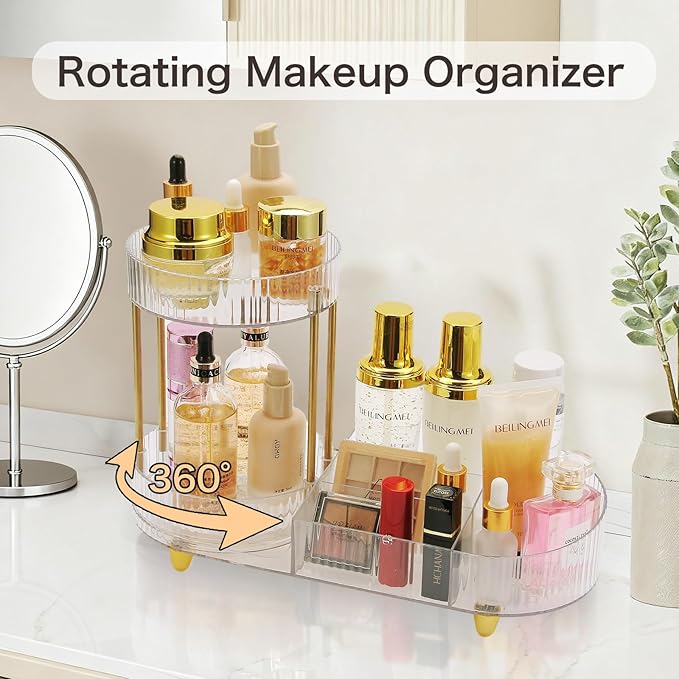 Makeup Organizer Rotating Perfume Tray 5-compartment Cosmetic and Skincare Organizers Makeup Brush Holder for Bathroom Vanity Bedroom Counter Countertop (Transparent-Golden Foot Mat)