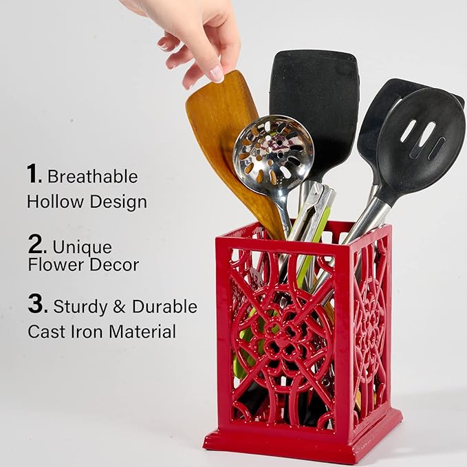 jogreful Utensil Holder, Cast Iron Kitchen Utensil Crock for Countertop, Extra Large Utensil Organizer with Weighted-Base, Housewarming Vintage Decor, Flower Pattern, Red