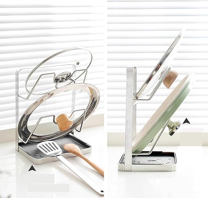 304 Stainless Steel Pot Lid Holder with Drip Tray- Pot Lid Rack While Cooking - Multifunctional Pot Lid & Cutting Board Holder - Kitchen Pot Lid Storage Rack