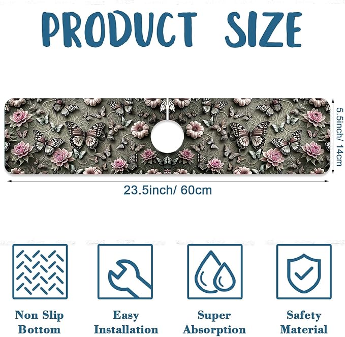 Cute Butterfly Sink Faucet Absorbing Mat Pink Flower Super Absorbent Fast Drying Mat Sink Gadgets Behind Faucet Sinkmat for Kitchen Bathroom, 23.5"x5.5"