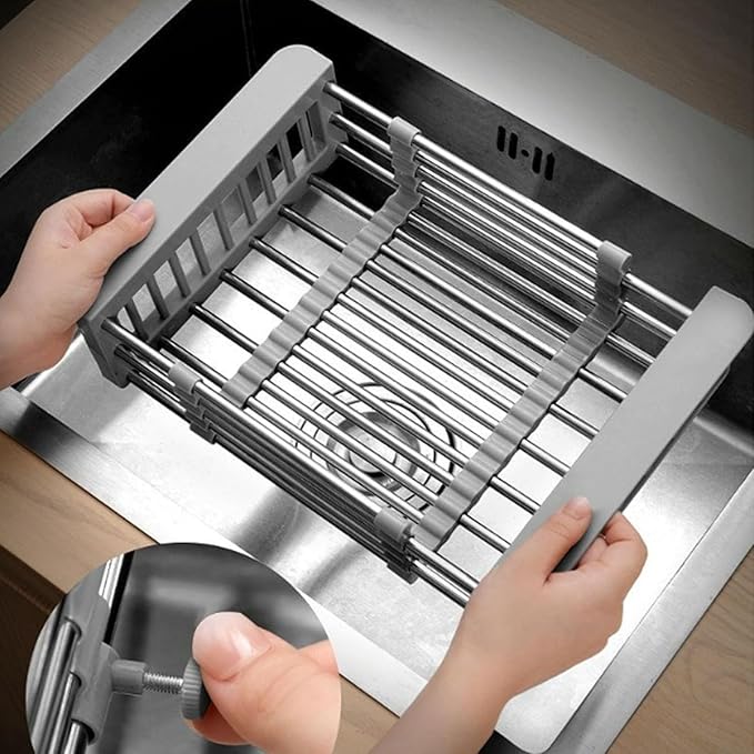 Extend Kitchen Sink Drain Basket,Stainless Steel Retractable Sink Rack,Over Sink Dish Rack,Portable Telescopic Kitchen Sinks Accessories,Extender Basket for Vegetables Fruits and Dishes(Gray,Large)