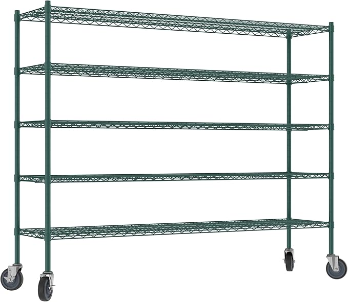 Commercial NSF Listed Green Epoxy Mobile Wire Shelving Kit 18" x 72" x 60", with 5 Shelves Perfect for Warehouse, Walk-in Refrigerator, Freezer, Grocery Store, Restaurant, Dishroom