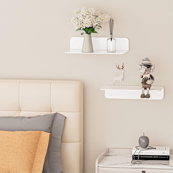 Small Floating Shelves, 9" Adhesive Wall Shelf with Cable Hole, No Drilling, Metal Display Ledges for Living Room, Bedroom, Bathroom (White, 2 Pack)