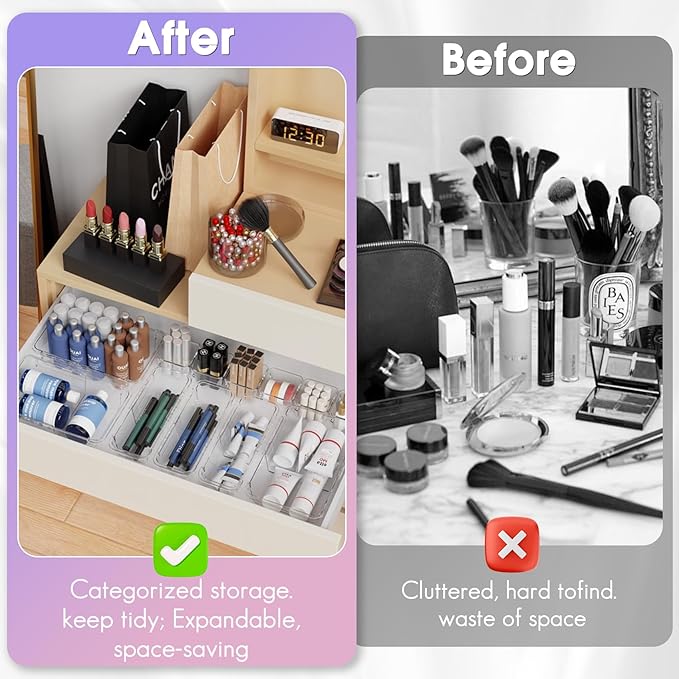 25 Pcs Extendable Clear Drawer Organizer, Adjustable Vanity Storage Box, 3-Size Desk Drawer Organizer, Non-Slip Storage Bins for Cosmetics, Jewelries, Stationeries, Tools, Cutleries, Toiletries
