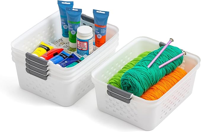 IRIS USA Plastic Storage Baskets, 6-Pack, Made in USA, Shelf Baskets Small Baskets Organizing Bins For Pantry Countertops Closet Shelves Office, Muti-Purpose, Nestable, Easy Carry, White
