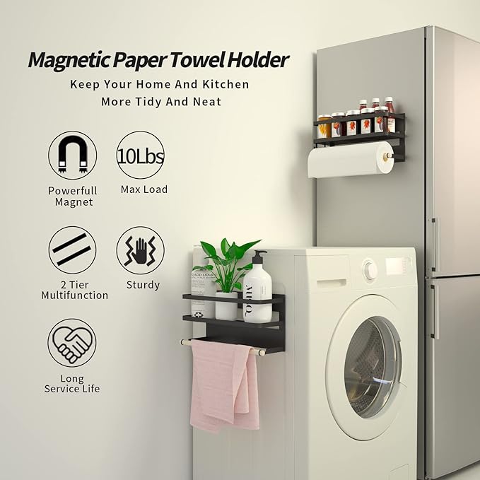 Magnetic Paper Towel Holder for Refrigerator,Magnetic Spice Rack with Paper Towel Rack Storage Organizer Fridge Shelf,Used for Kitchen,Bathroom, Drill Free (B-Black) (Black)