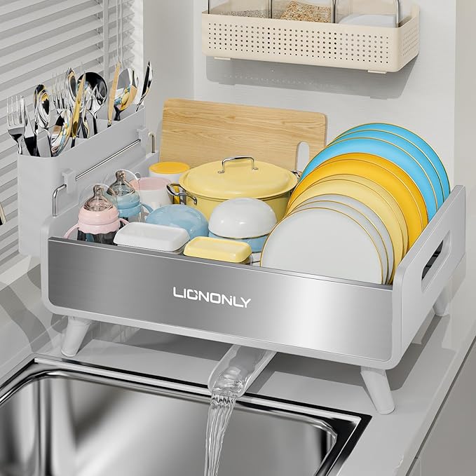 Dish Racks,Extendable Countertop Dish Drying Rack, Dish Drainer & Drainboard Set with Utensil Holder and Cup Holder, White