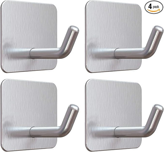 VIS'V Adhesive Hooks, Heavy Duty Shower Wall Stick on Hooks, Waterproof, 2 Extra Adhesive Strips, Silver, 4 Pcs