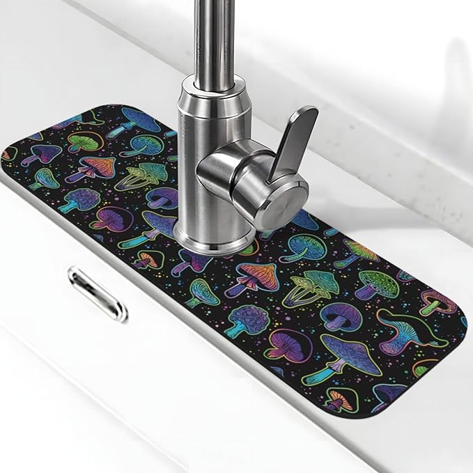 Cool Mushroom Mushrooms Kitchen Sink Splash Guard Faucet Mat Super Absorbent Fast Drying Mat Sink Gadgets-Fast Drying Pad Sink Mat For Kitchen Bathroom (15" X 5.5" )