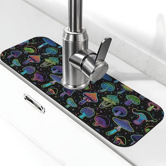 Cool Mushroom Mushrooms Kitchen Sink Splash Guard Faucet Mat Super Absorbent Fast Drying Mat Sink Gadgets-Fast Drying Pad Sink Mat For Kitchen Bathroom (15" X 5.5" )