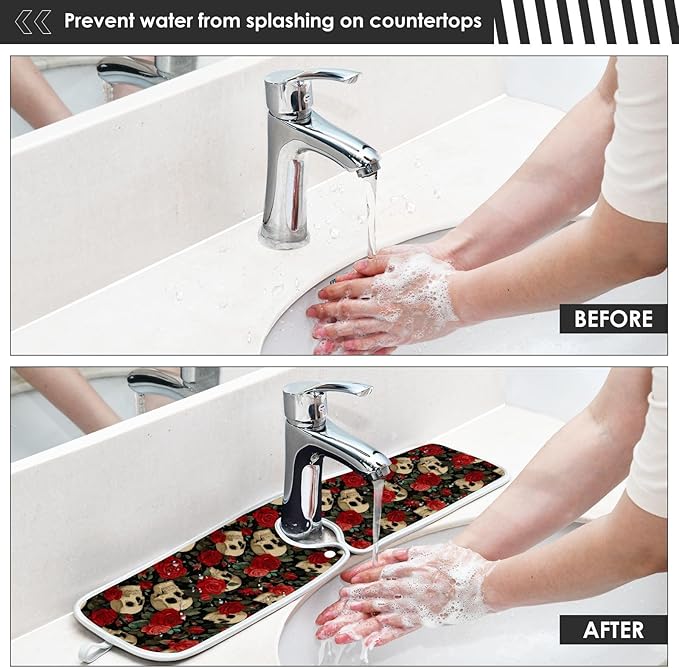 2 PCS Kitchen Sink Splash Guard 23.6 Inch Faucet Mat for Kitchen Sink Bathroom Sink Faucet Absorbing Drip Drain Mat Pad Microfiber Soft Washable Black Mexico Skulls and Red Roses