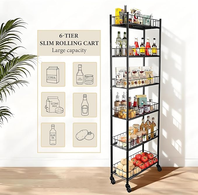 Utility Slim Storage Cart,6 Tier Narrow Kitchen Storage Cart,Laundry Room Carts,for Kitchen,DiningRoom,Living Room,Home Office,Rustic Brown and Classic (6 Tier Black)