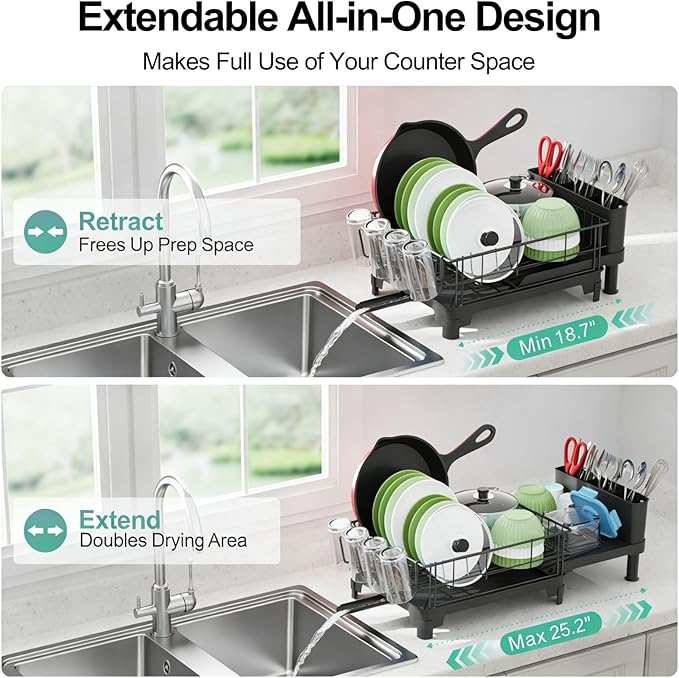 GSlife Large Dish Drying Rack for Kitchen Counter, Expandable Rust Resistant Dish Drainer with Drainboard & Utensil Holder, Adjustable Dish Rack with Vertical Pot Storage, 12.6"W x 18.7"-25.2"L, Black