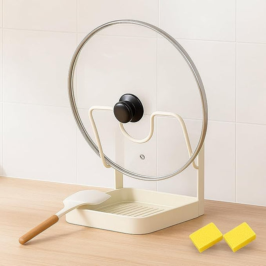 Kitchen Pot Lid Storage Rack, Double-layer Stainless Steelcooking Rack Pot Lid Holder With Tray While Cooking,While Cooking, Lid And Spoon Rest,With Removable Drip Tray (Beige single-layer)