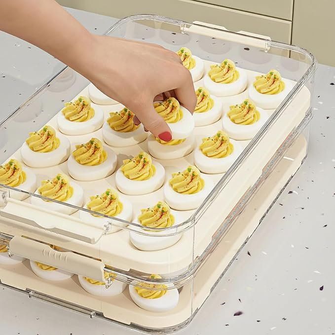 Deviled Egg Containers with Lid, Deviled Egg Carrier 3-Layer Plastic Clear Tray with Lid & Handle & Buckle Thickened 60 Holder for Fridge, Travel, Party, Carrier