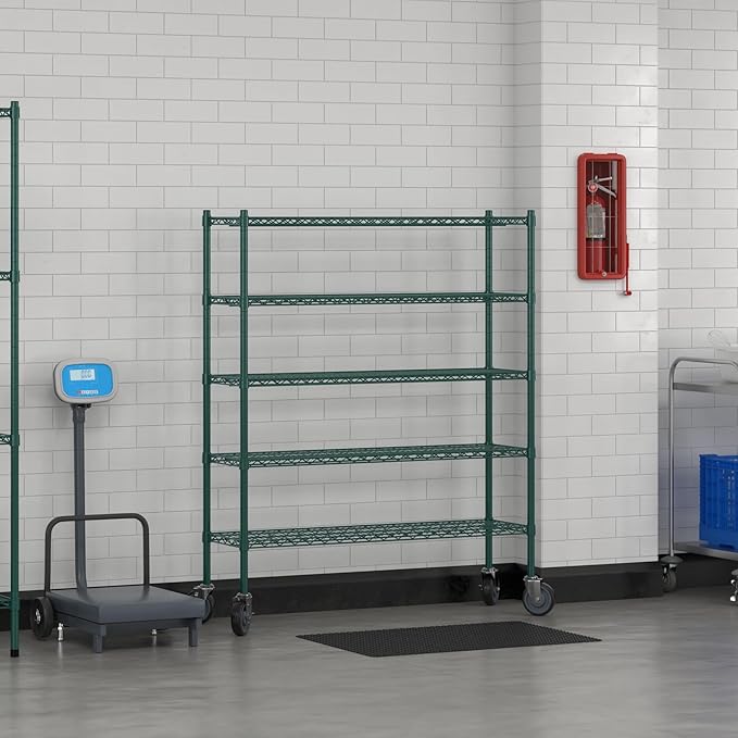 Commercial NSF Listed Green Epoxy Mobile Wire Shelving Kit 14" x 48" x 60", with 5 Shelves Perfect for Warehouse, Walk-in Refrigerator, Freezer, Grocery Store, Restaurant, Dishroom