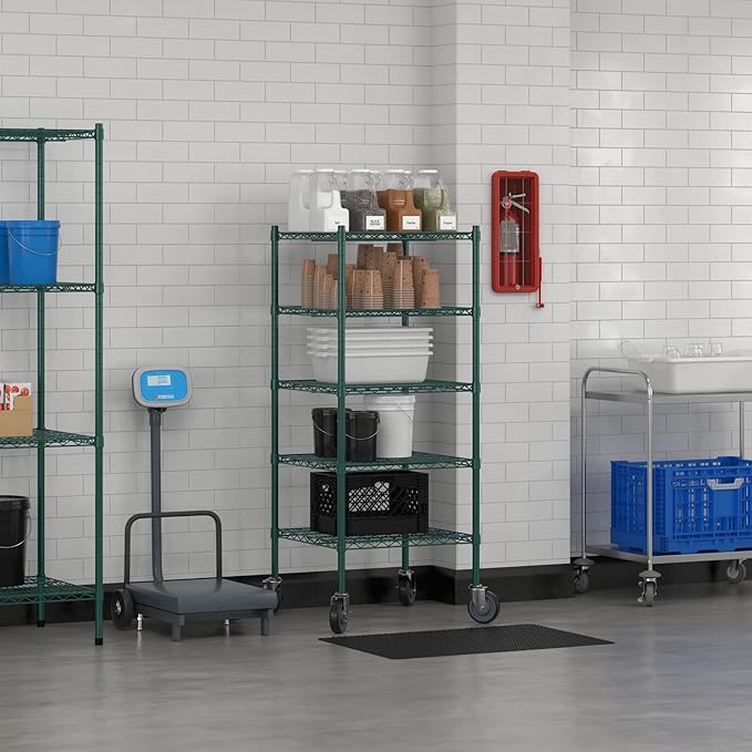 Commercial NSF Listed Green Epoxy Mobile Wire Shelving Kit 24" x 24" x 60", with 5 Shelves Perfect for Warehouse, Walk-in Refrigerator, Freezer, Grocery Store, Restaurant, Dishroom