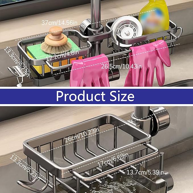DURAUSE Kitchen Sink Faucet Organizer Multifunction Sponge Holder Organizer Sink Drain Holder Over Faucet Kitchen Sink Caddy with Hook Adjustable for 0.7-1.1inch Round Water Pipe (Silver, B)