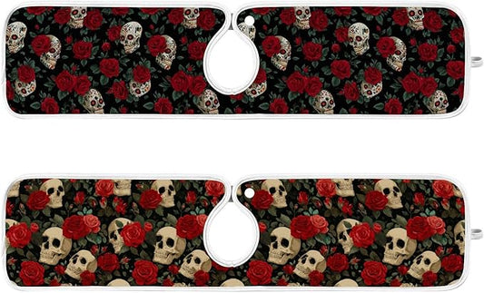 2 PCS Kitchen Sink Splash Guard 23.6 Inch Faucet Mat for Kitchen Sink Bathroom Sink Faucet Absorbing Drip Drain Mat Pad Microfiber Soft Washable Black Mexico Skulls and Red Roses