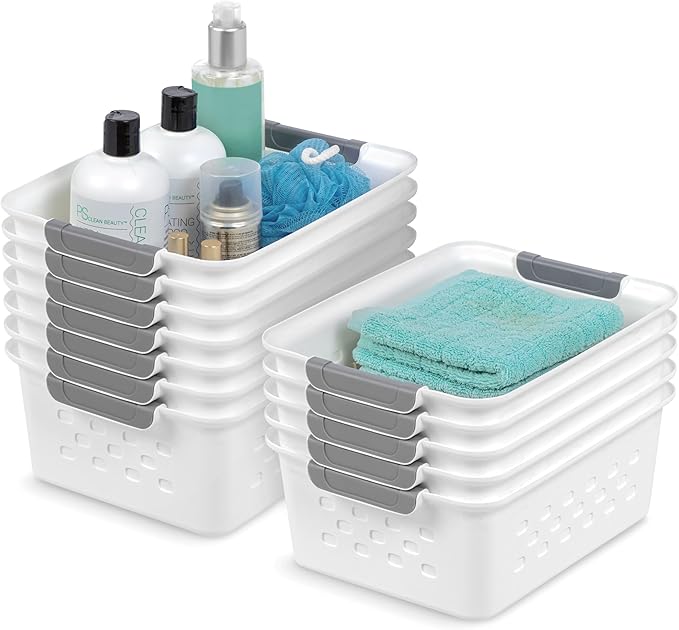 IRIS USA Plastic Storage Basket, 12-Pack, Shelf Basket Organizer for Pantries Kitchens Cabinets Bedrooms, White