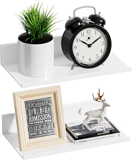 Small Adhesive Wall Shelves Set of 2, White Floating Shelves for Wall 8 Inch, Metal Display Shelf for Living Room, Bderoom, Kitchen, Bathroom, Office Decor