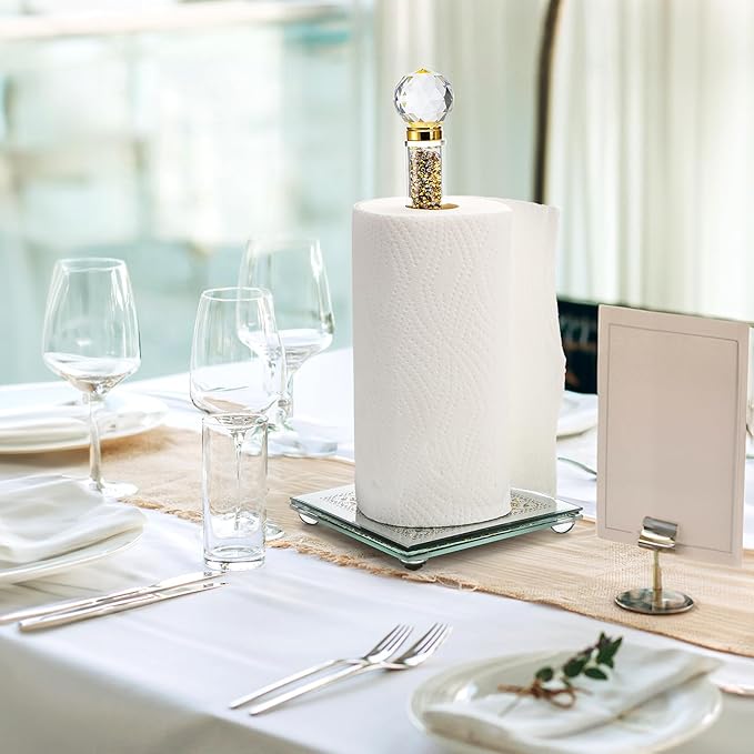 Suwimut Paper Towel Holder, Gold Paper Towel Roll Dispenser Stand Weighted Base Non Slip Filled with Sparkly Crystal Crushed Diamond House Decor for Home Kitchen Countertop Tabletop