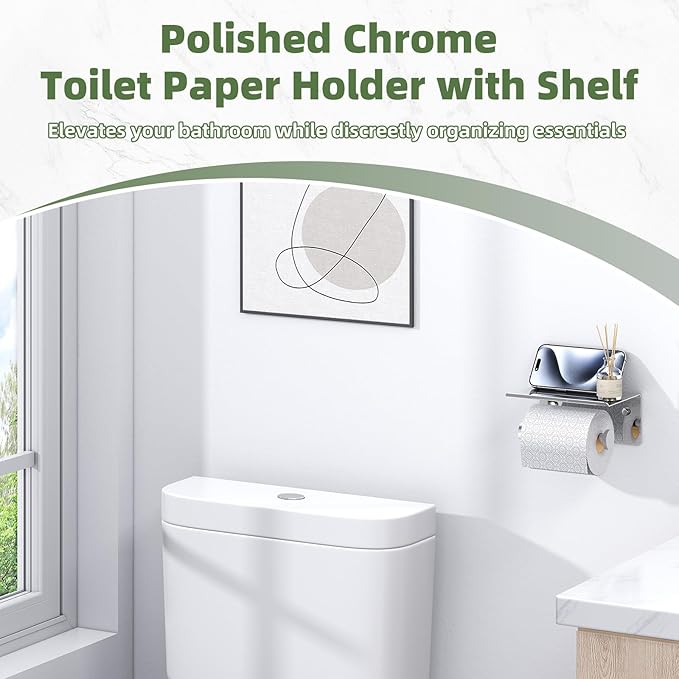APLusee Toilet Paper Holder with Phone Shelf Polished Chrome, SUS 304 Stainless Steel Bathroom Accessories Tissue Roll Dispenser Storage Wall Mounted