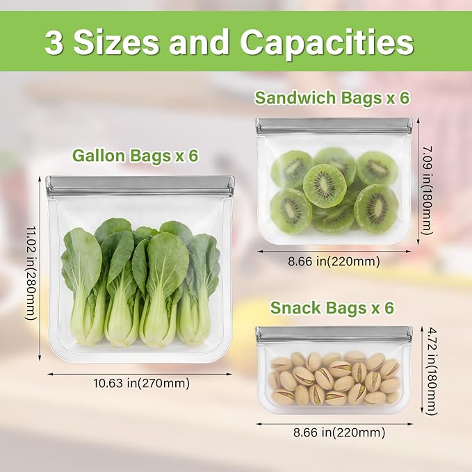 SZTCECDM 18 Pack Reusable Zip Lock Bags Silicone, 3 Sizes Leak Proof Freezer Bags, Food Storage Bags Keep for Fresh Fruits Veggie - 6 Gallon 6 Sandwich 6 Snack (Grey)