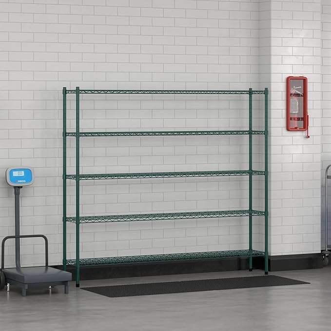 Commercial NSF Listed Green Epoxy Stationary Wire Shelving Kit 12" x 72" x 64", with 5 Shelves Perfect for Warehouse, Walk-in Refrigerator, Freezer, Grocery Store, Restaurant, Dishroom