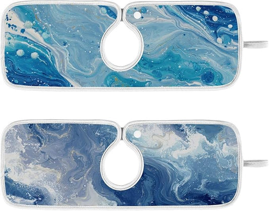 2 PCS Kitchen Sink Splash Guard 14.9 Inch Faucet Mat for Kitchen Sink Bathroom Sink Faucet Absorbing Drip Drain Mat Pad Microfiber Soft Washable Blue Fluid