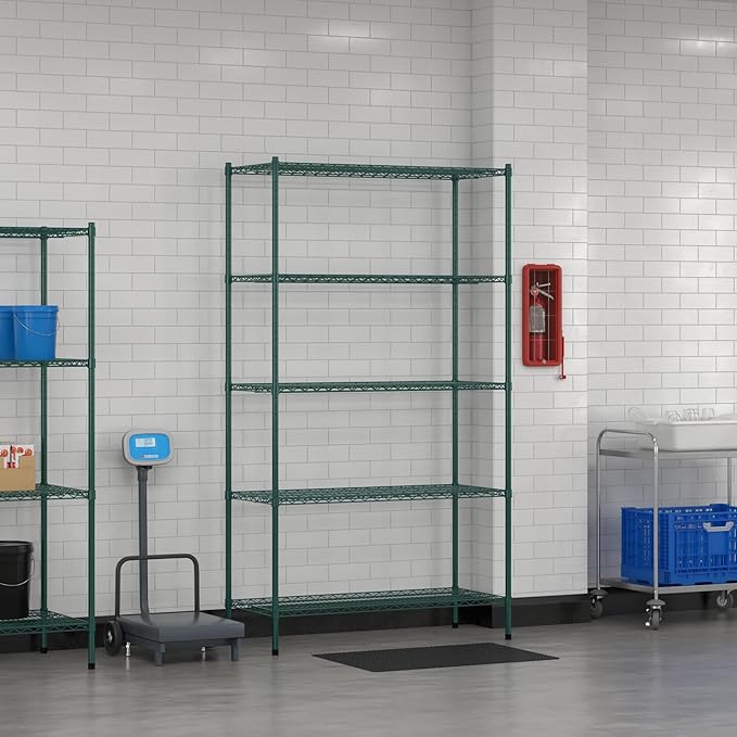 Commercial NSF Listed Green Epoxy Stationary Wire Shelving Kit 21" x 48" x 86", with 5 Shelves Perfect for Warehouse, Walk-in Refrigerator, Freezer, Grocery Store, Restaurant, Dishroom