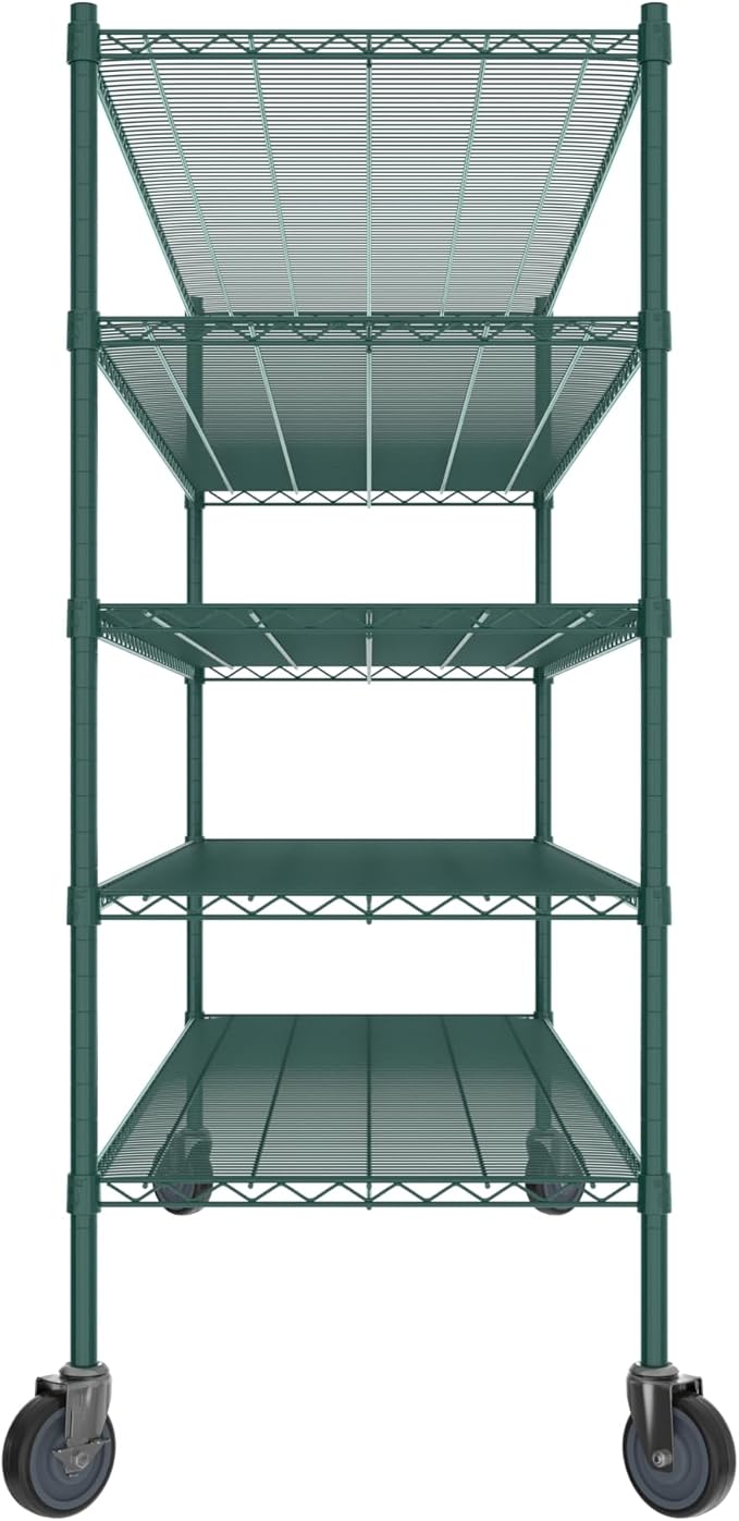 Commercial NSF Listed Green Epoxy Mobile Wire Shelving Kit 24" x 72" x 60", with 5 Shelves Perfect for Warehouse, Walk-in Refrigerator, Freezer, Grocery Store, Restaurant, Dishroom