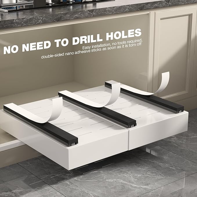 2 Pack Pull Out Cabinet Organizer 19" Deep,Full Extension 3 Slide Rails Slide Out Drawers With Raising Pad for Framed Cabinets,Expandable Width (12.3"-20.5"),No Drill Roll Out shelf,White