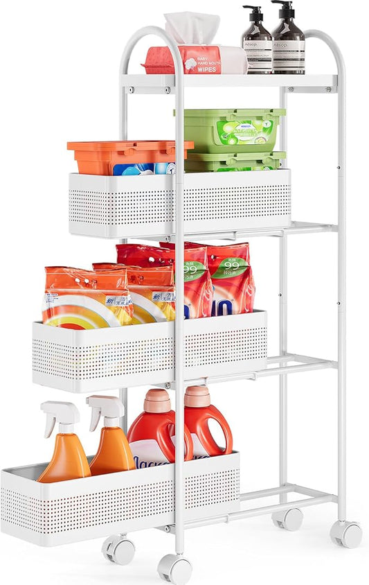 KINGRACK 4-Tier Slim Storage Cart with 3 Pull Out Basket, Rolling Bathroom Organizer Utility, Metal Shelving Unit Slide Out, Lockable Wheels, Easy Assembly for Narrow Place, Kitchen, Office, White