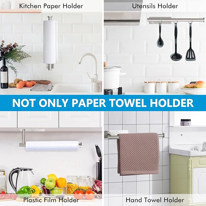 Paper Towel Holder Under Cabinet, Self Adhesive Paper Towel Roll Holder Stick on Wall, Stainless Steel Paper Towel Rack for Kitchen, Bathroom, RV