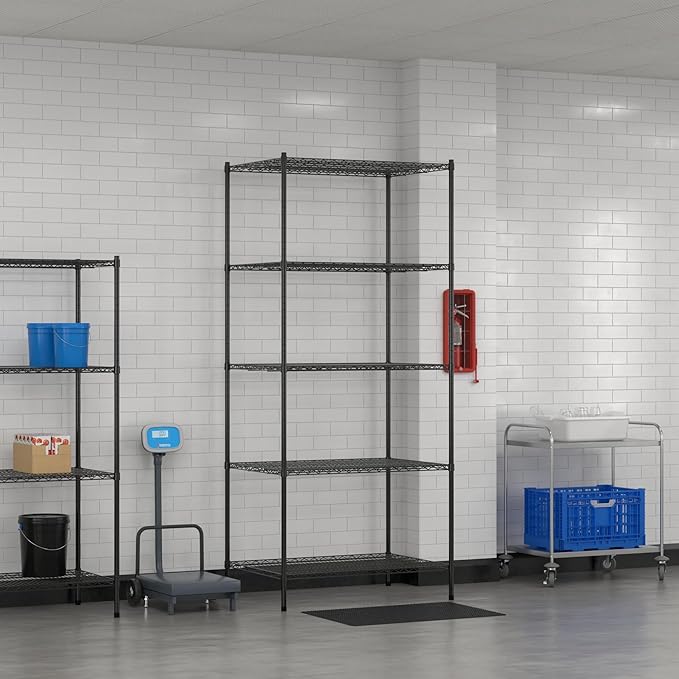 Commercial NSF Listed Black Epoxy Stationary Wire Shelving Kit 30" x 42" x 96", with 5 Shelves Perfect for Warehouse, Walk-in Refrigerator, Freezer, Grocery Store, Restaurant, Dishroom