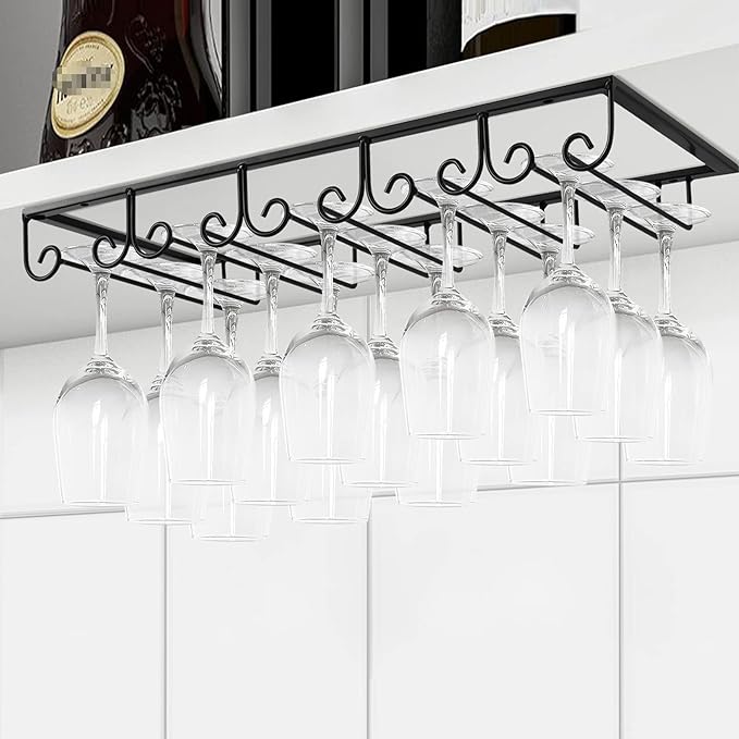 MOCOUM Under Cabinet Wine Glass Rack Stemware Rack, Wine Glasses Hanger Rack Wire Wine Glass Holder Storage Hanger for Cabinet Kitchen Bar (Black, 5 Rows 1 Pack)