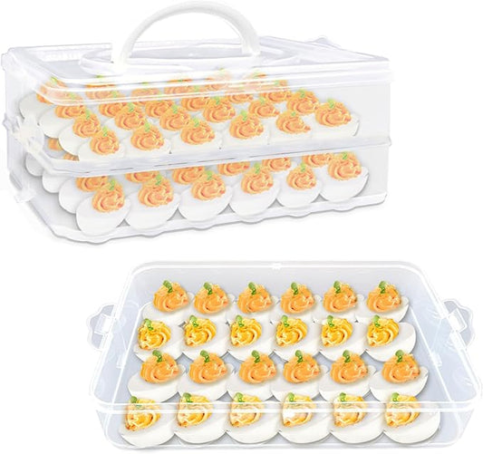 2-Layer Deviled Egg Carrier with Lid,Deviled Egg Trays with Handle,Stack Portable Stackable Trays,Clear Devil Egg Cotainer 48 eggs Holders, for Thanksgiving Day, Easter, Holiday,Parties and Kitchen