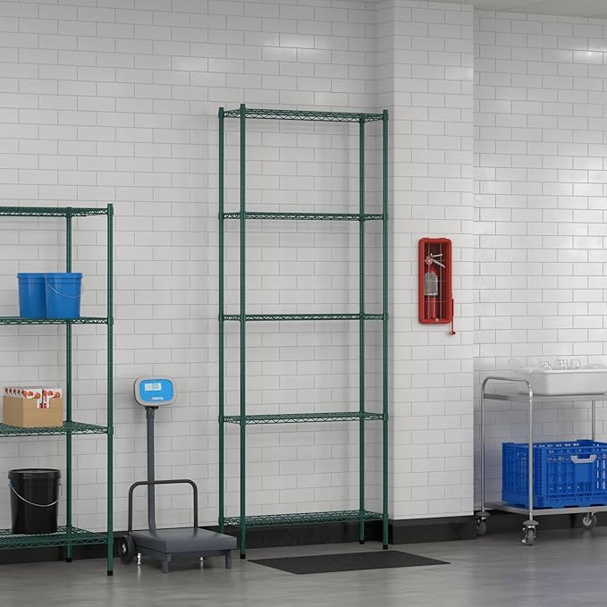 Commercial NSF Listed Green Epoxy Stationary Wire Shelving Kit 12" x 36" x 96", with 5 Shelves Perfect for Warehouse, Walk-in Refrigerator, Freezer, Grocery Store, Restaurant, Dishroom